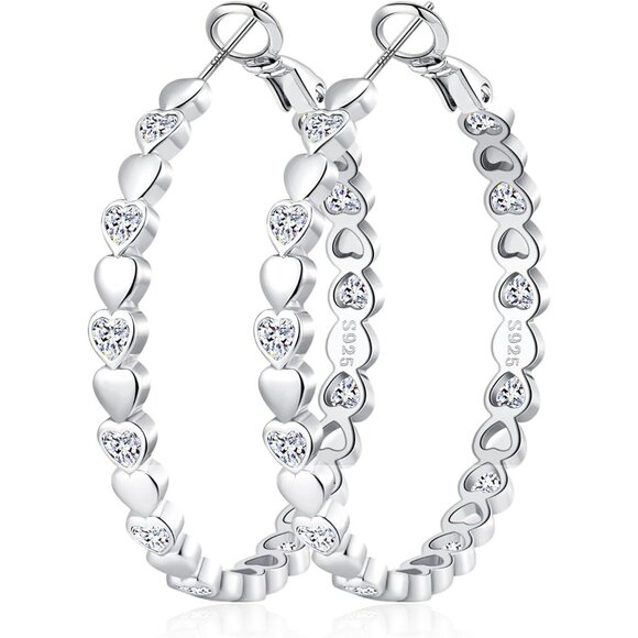 925 Silver-40mm Heart Cubic Zirconia Large Rhinestone Hoop Earrings for Womens - Picture 1 of 7